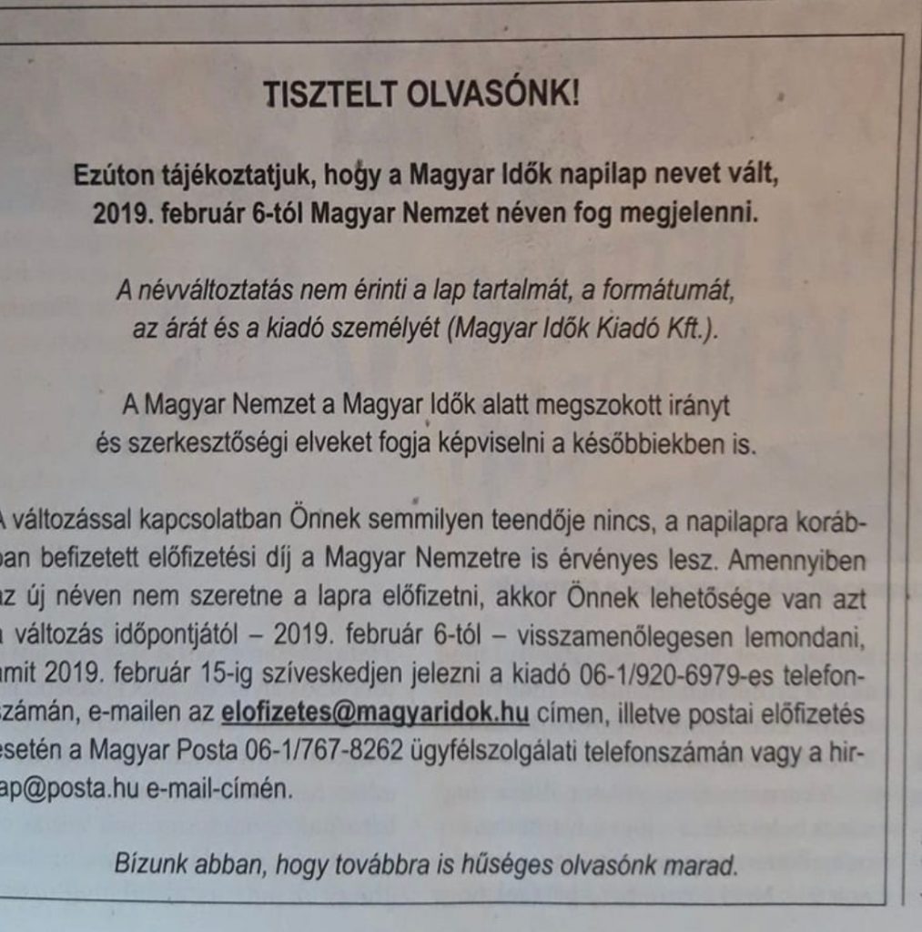 A Magyar Idők bejelentése a Magyar Nemzet névváltásról, 2019.02.02. Fotó: olvasónktól