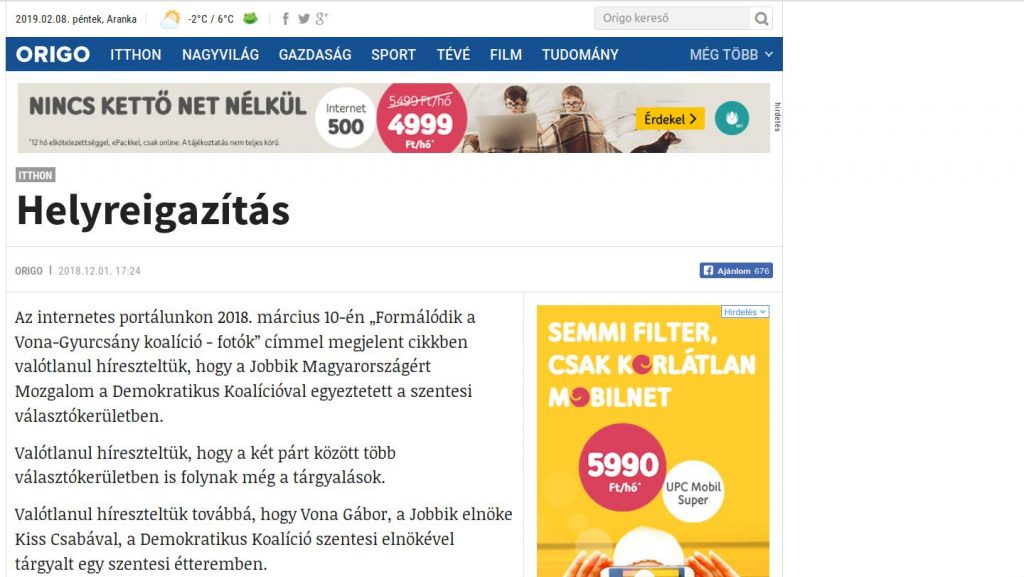 origo, helyreigazítás