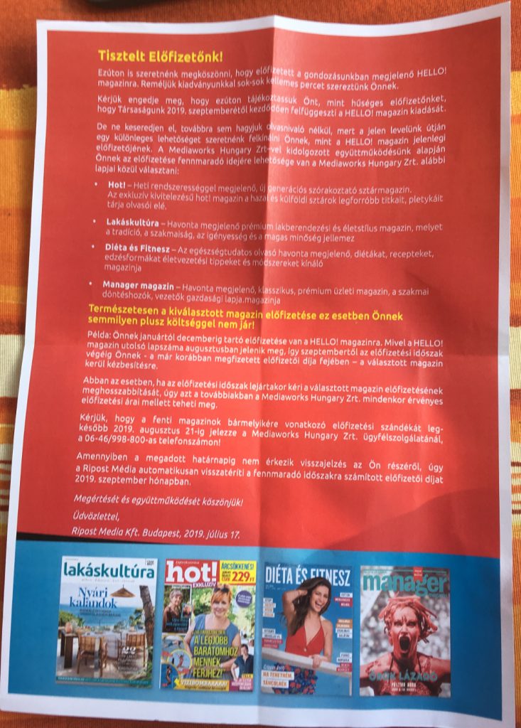A Hello! magazin felfüggesztését (megszűnését) bejelentő levél. Forrás: Media1-olvasó