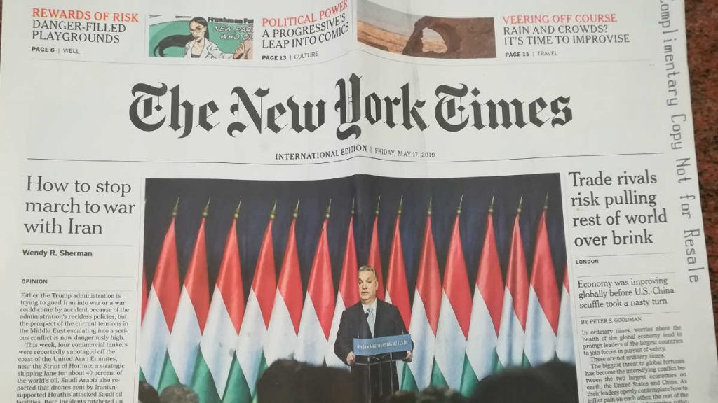 A The New York Times 2019. május 17-i címlapja, Orbán Viktorral a címlapon