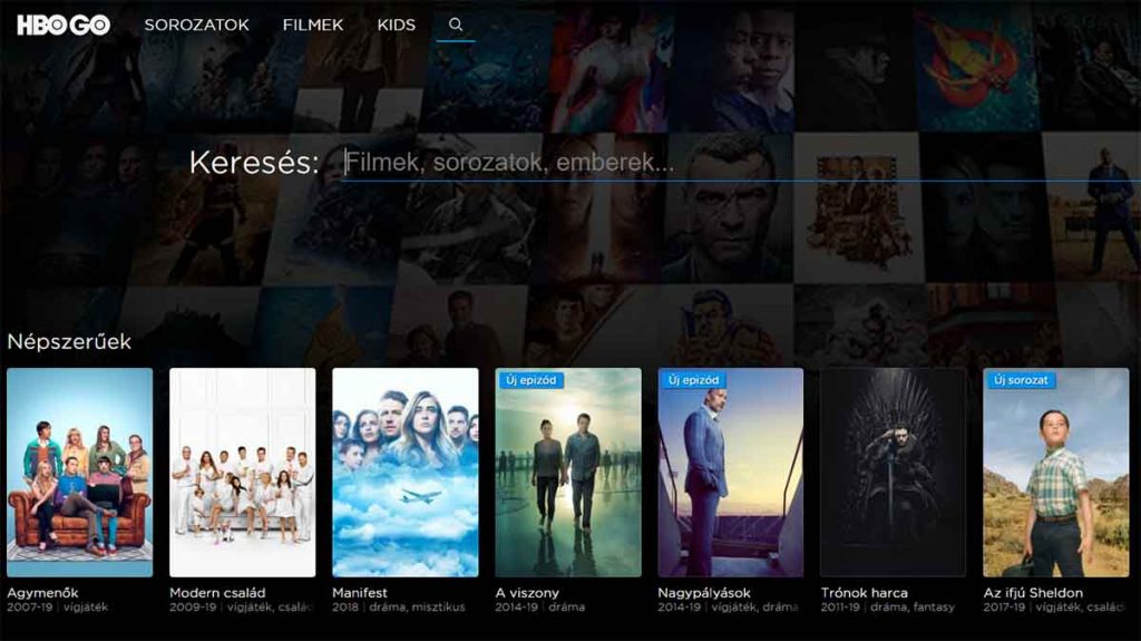 HBO GO – az hbogo.hu nyitólapjának részlete 2019. szeptember 30-án