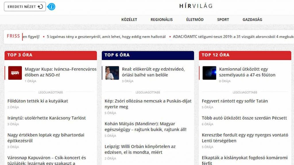 A Hirvilag.hu címlapja
