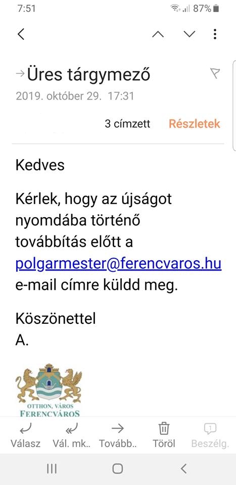 A Ferencváros c. lap nyomdába adását előzetes jóváhagyáshoz kötő levél Ferencvárosban, küldte: A., közzétette: Mandiner