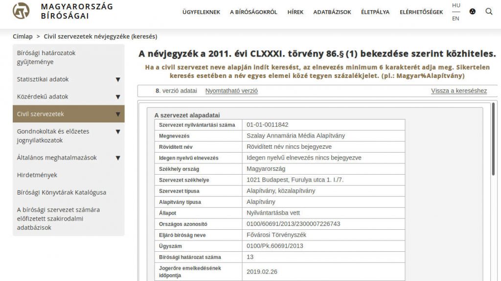 A Szalay Annamária Média Alapítvány bejegyzése a Civil Szervezetek névjegyzékében