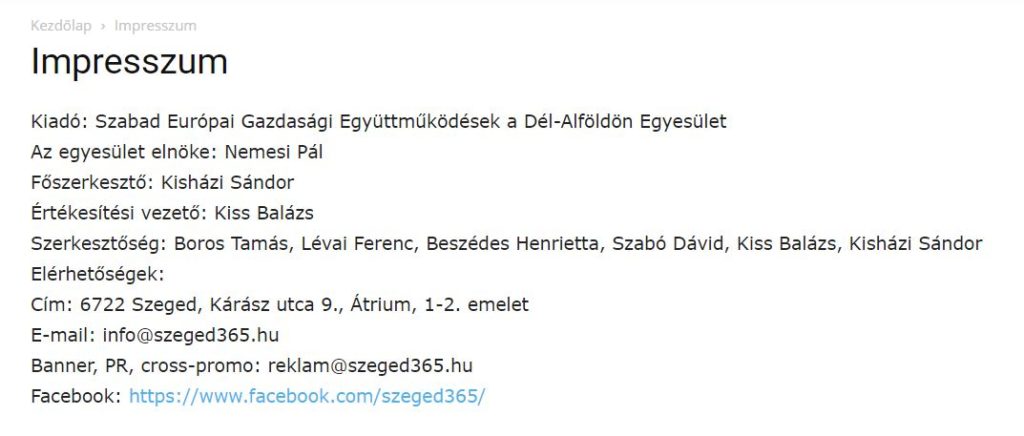 A Szeged365 impresszuma