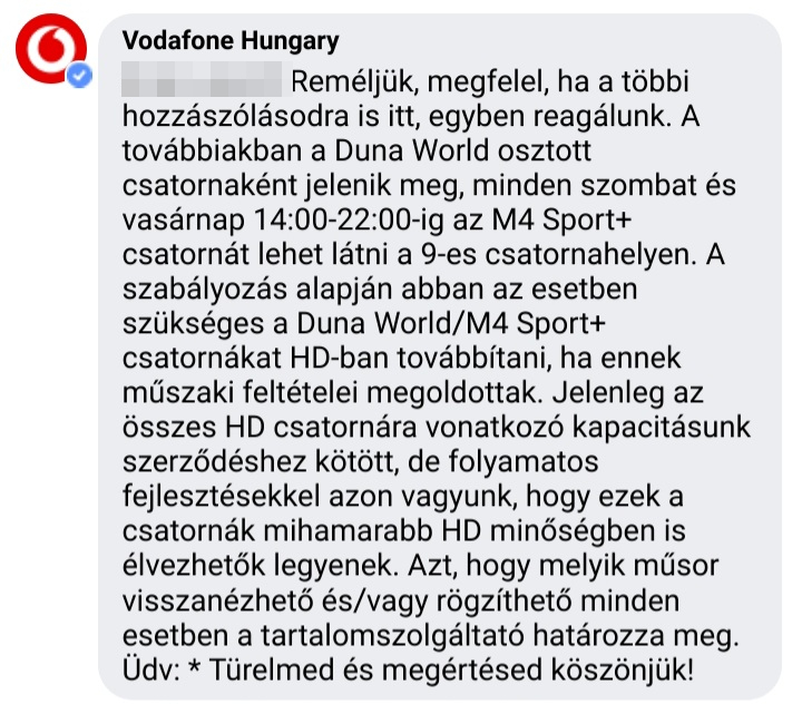 A Vodafone válasza a Duna World HD adása ügyében reklamálóknak