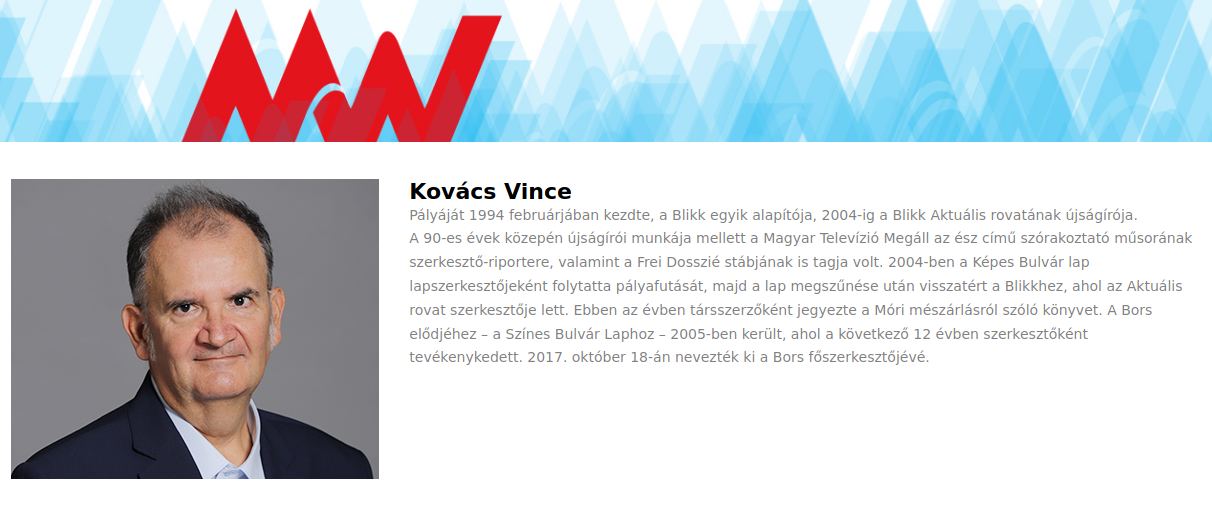 Kovács Vince, a Bors főszerkesztőjének életrajza a Mediaworks oldalán