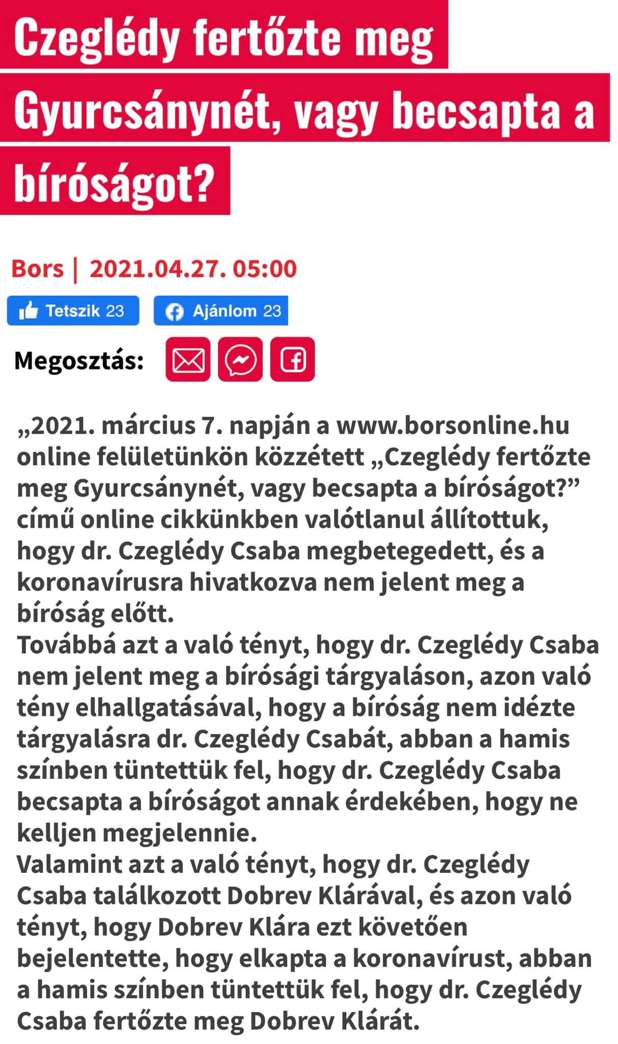A Bors által közölt, Czeglédy Csabát és Dobrev Klárát érintő helyreigazítás