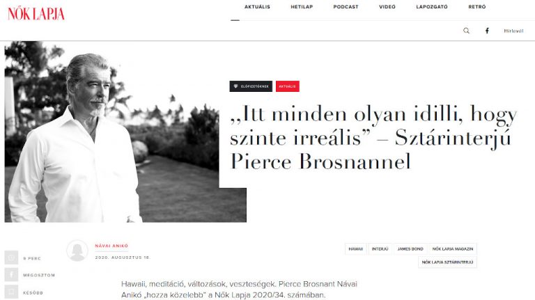 Pierce Brosnan interjú a Nők Lapja internetes oldalán 2020 nyarán