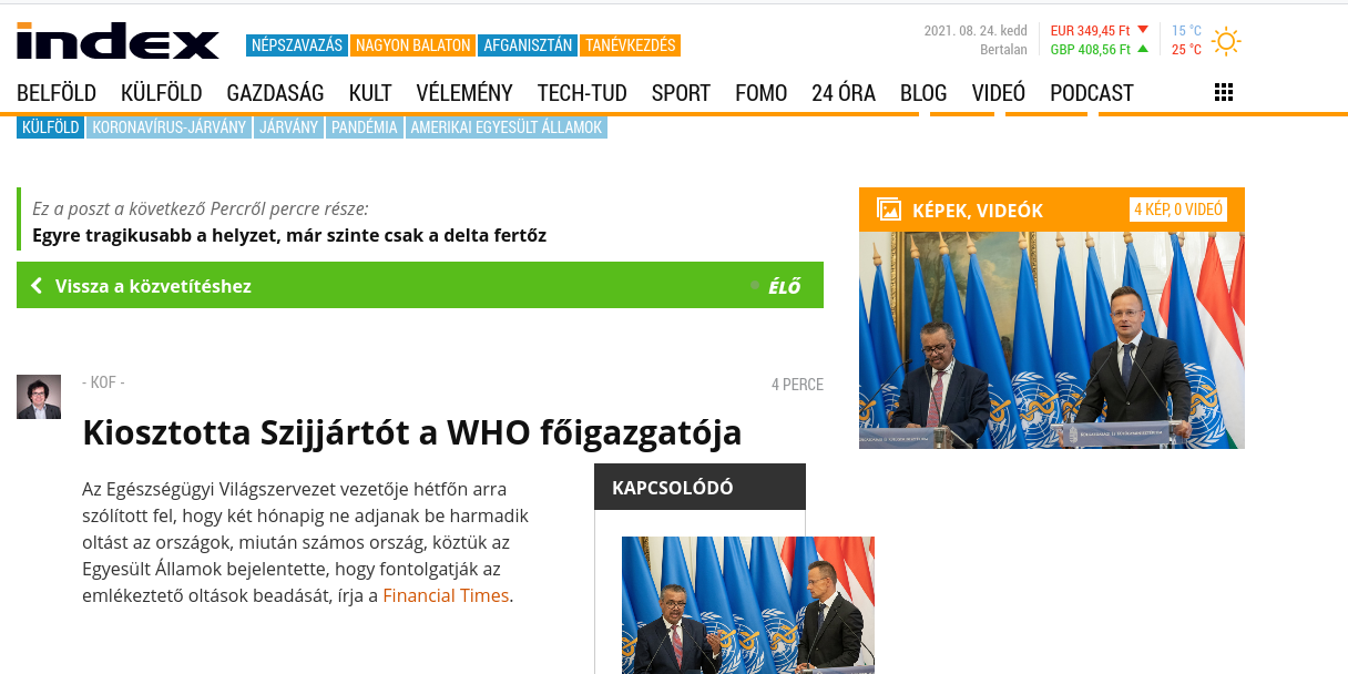 Kiosztotta Szijjártót a WHO főigazgatója címmel megjelent eredeti hír eleje az Indexen