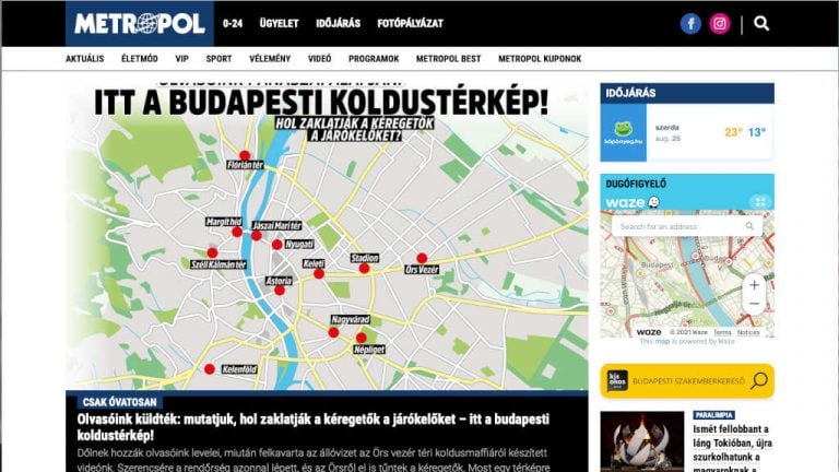 A metropol.hu címlapja, rajta a koldustérképpel.