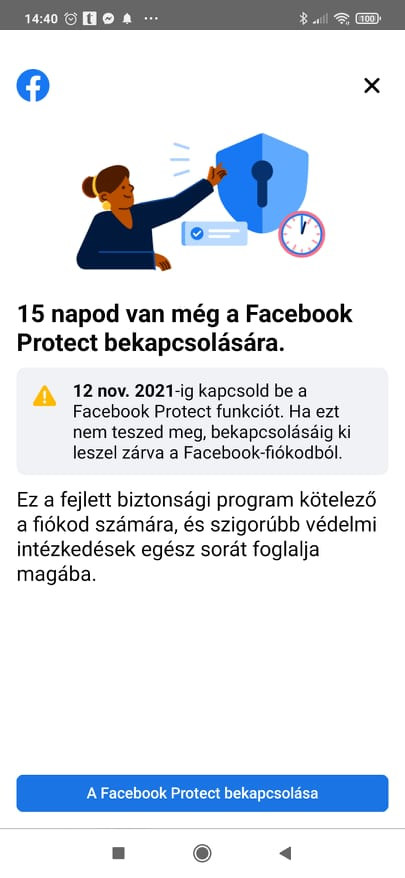 A Facebook Protect biztonsági szolgáltatás bekapcsolása