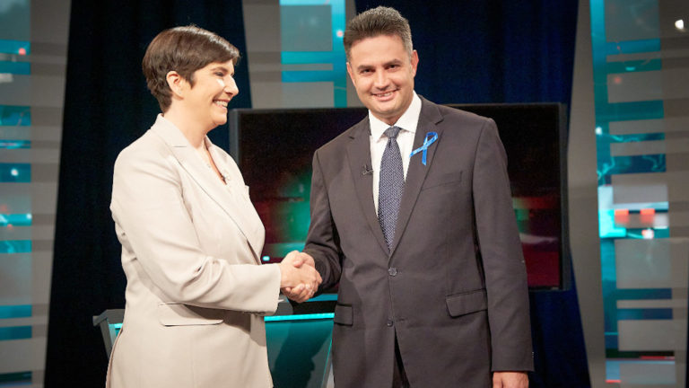 Dobrev Klára és Márki-Zay Péter, a miniszterelnökjelölti előválasztás második fordulójában, az RTL Klub által szervezett élő tévévita alkalmával