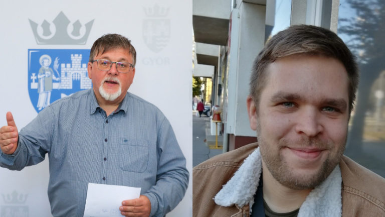 Dézsi Csaba András, Győr fideszes polgármestere és Pintér Bence, az Ugytudjuk.hu újságírója