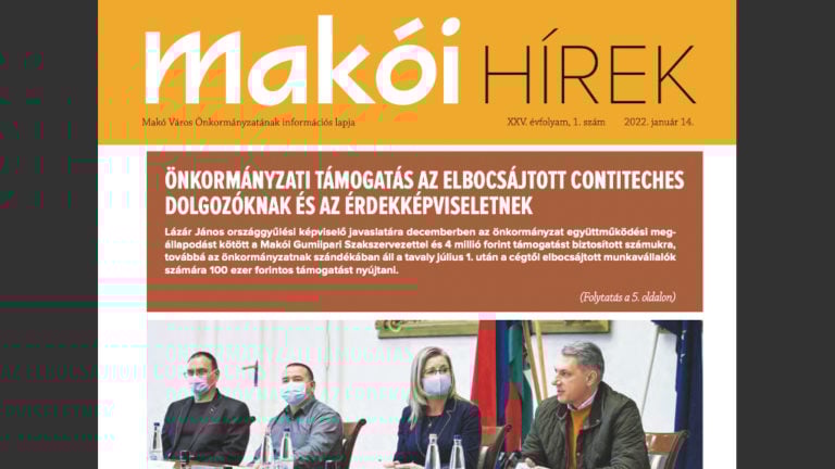 A Makói Hírek 2022. január 14-én megjelent számának címlapja.