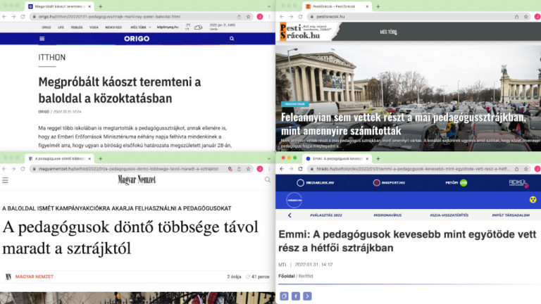 A 2022. január 31-i pedagógussztrájk témaköre különböző kormánypárti médiatermékekben.