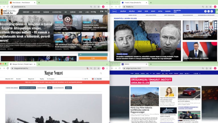 A PestiSrácok, a Hirado.hu, a Magyar Nemzet Online és az Origo.hu címlapjai 2022. február 24-én 13 órakor.