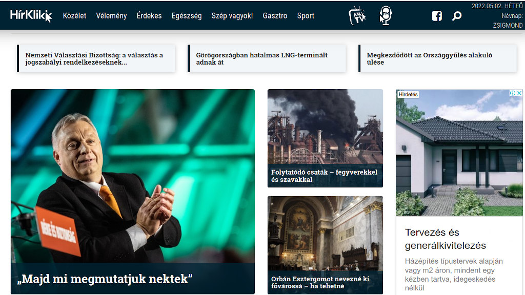A Hírklikk felülete 2022.05.02-án