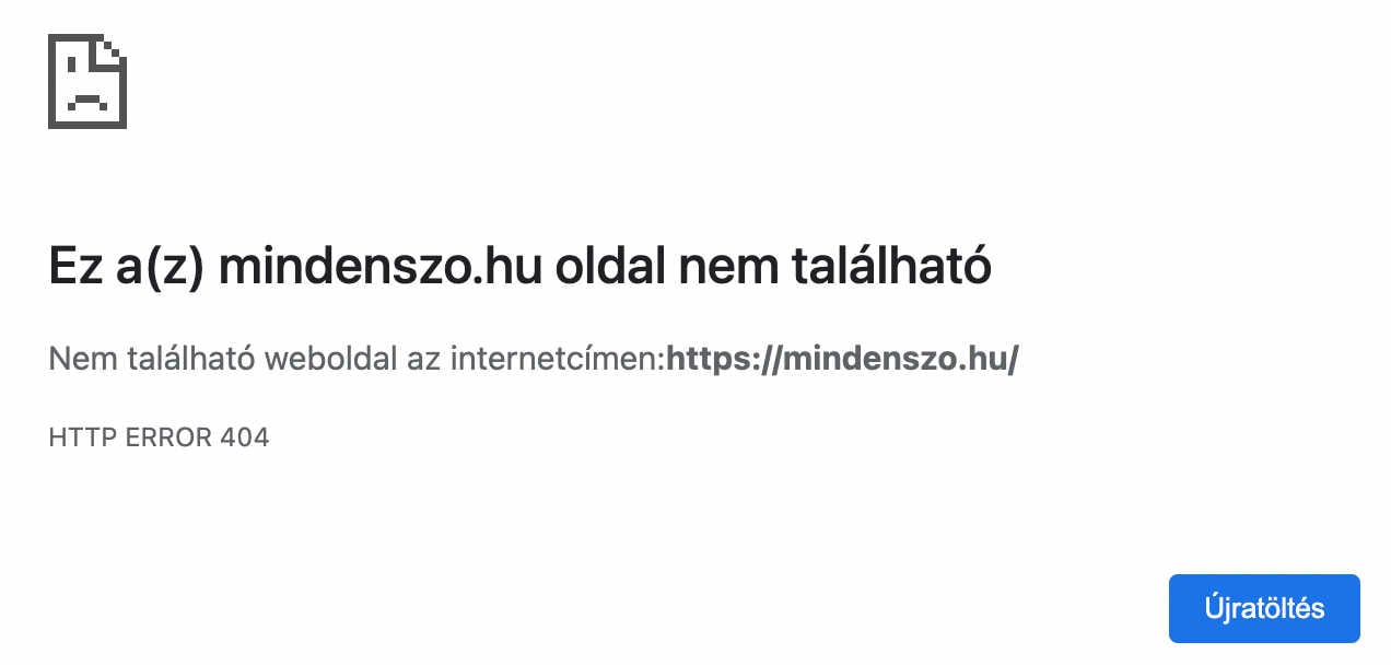 A mindenszo.hu oldal helyén megjelenő hibaüzenet 2022.május 9-én.