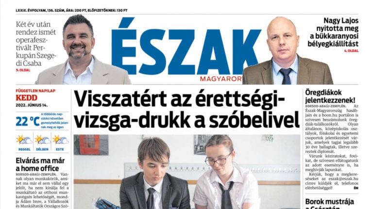 Az Észak-Magyarország 2022. június 14-i lapszámának címlapja.
