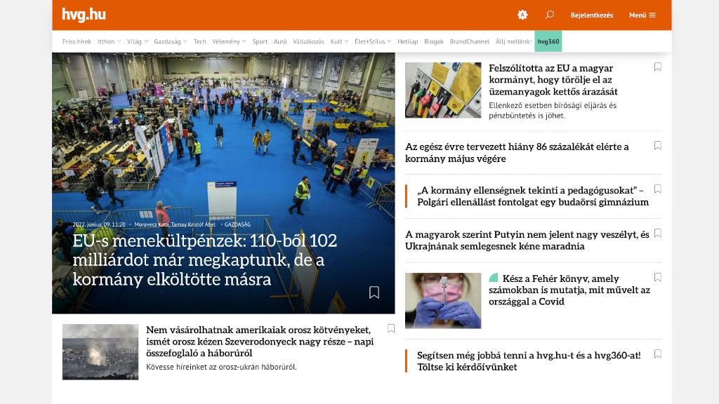 A hvg.hu címlapja 2022. június 9-én.