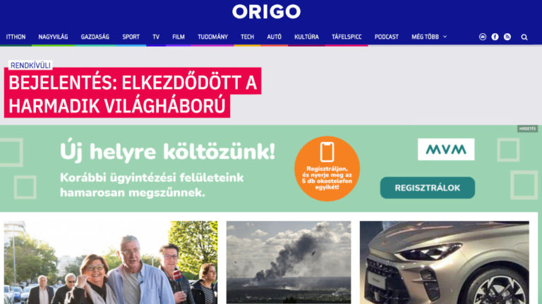 „Bejelentés: elkezdődött a harmadik világháború” című cikk az origo.hu címlapján 2022. június 8-án.