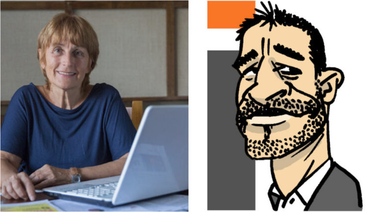 Kocsi Ilona, a MÚOSZ és egy, Varga Endrére, az MTE újdonsült elnökére, a Totalcar ügyvezetőjére és az Index.hu lapigazgatójára emlékeztető arc Pápai Gábor karikatúráján