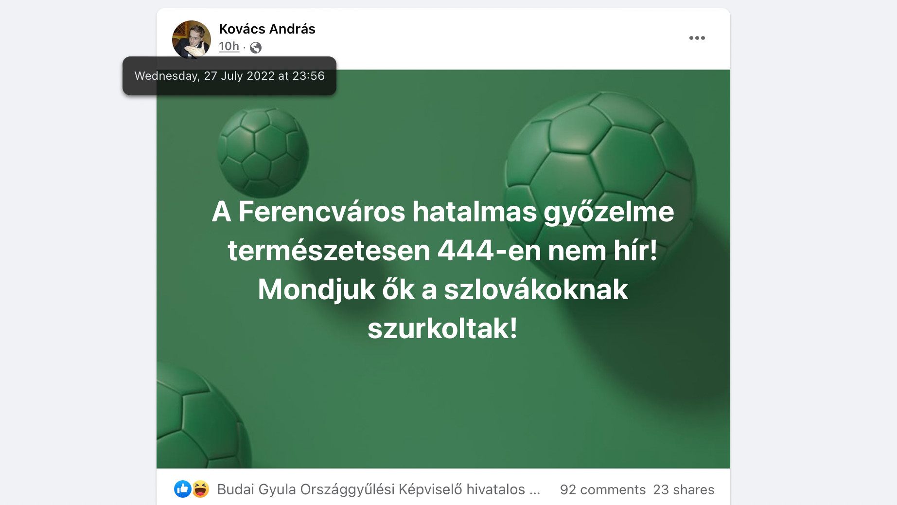 Kovács András origós újságíró Facebook-bejegyzése arról, hogy a 444 nem számolt be a Fradi sikeréről.