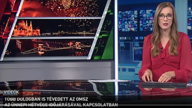 Meszes Boglárka felvezeti a manipulatív riportot 2022. augusztus 21-én az Országos Meteorológiai Szolgálat és az M1 Híradó előrejelzése kapcsán