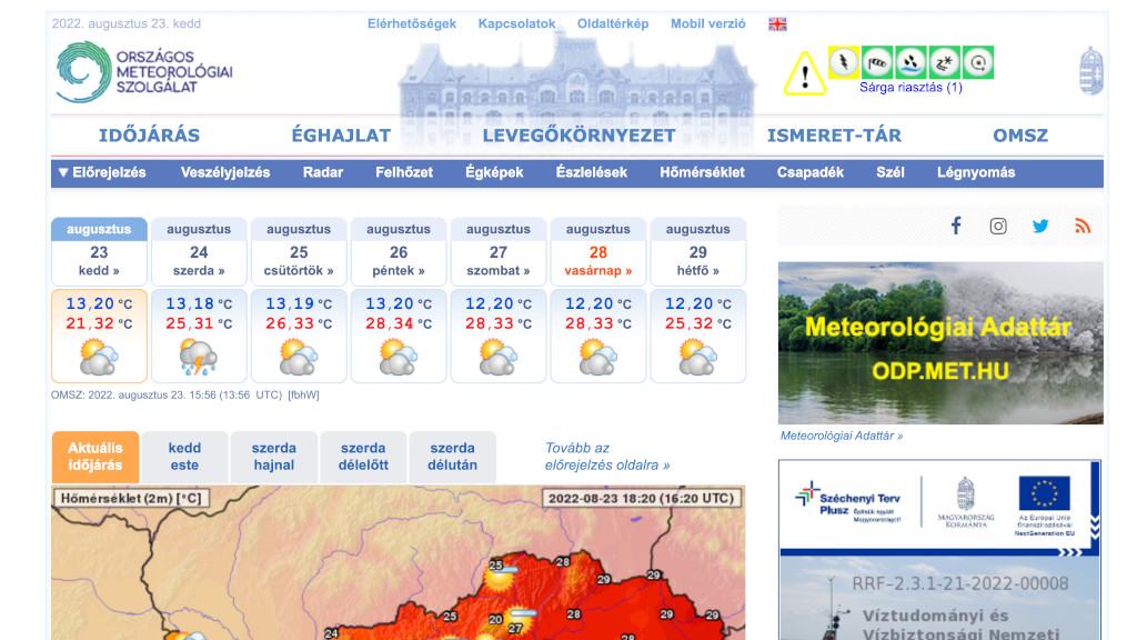 Az Országos Meteorológiai Szolgálat (OMSZ) honlapja, a met.hu 2022. augusztus 23-án.