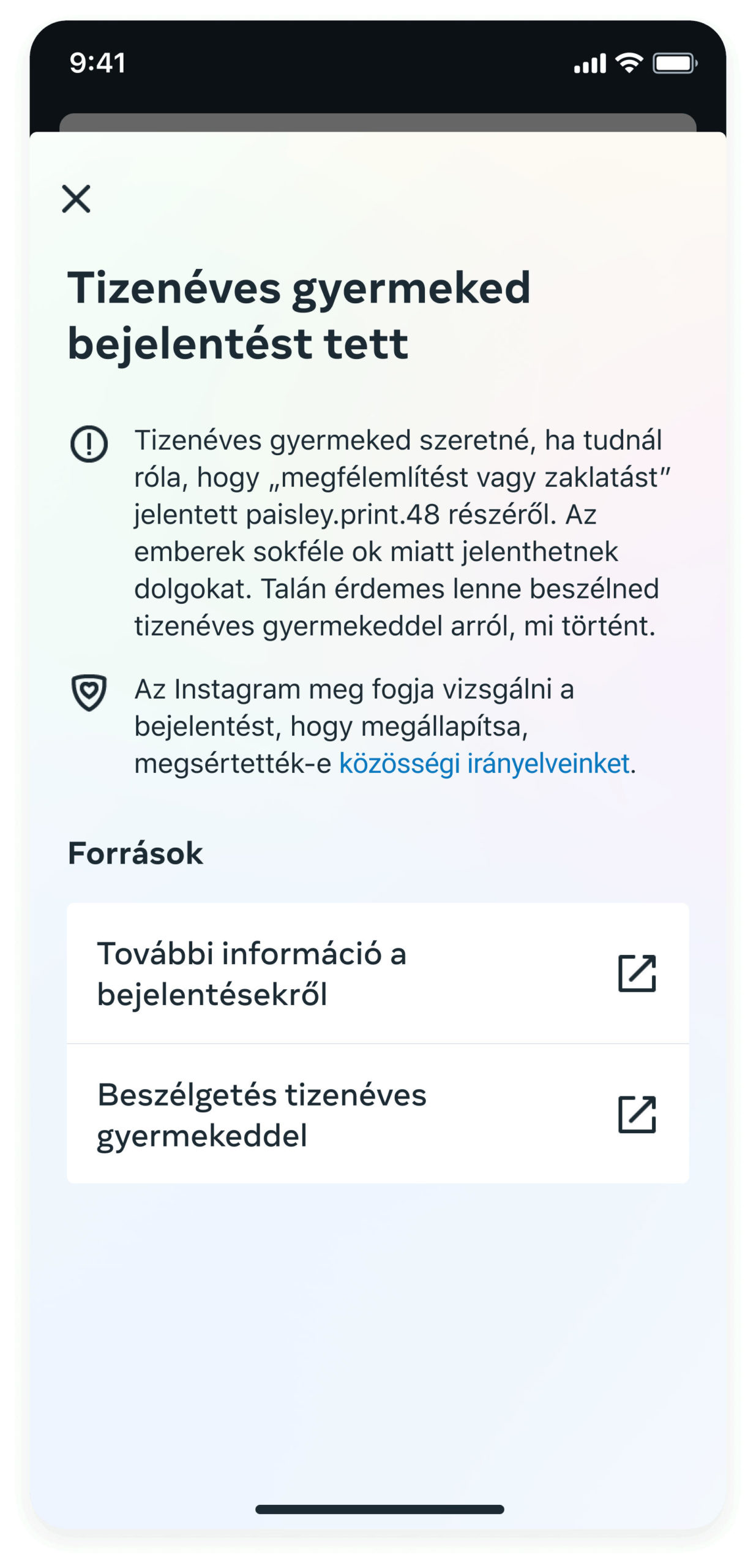 Bejelentés az Instagram Családi központjában.