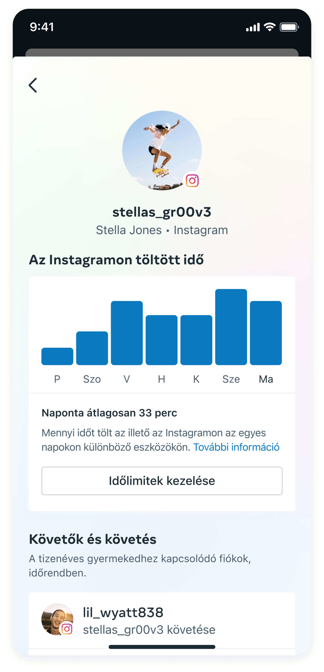 Az Instagramon töltött idő a platform Családi központjában.
