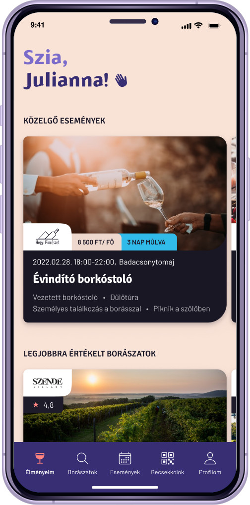Az Országos Bortúra mobilapplikáció működés közben.