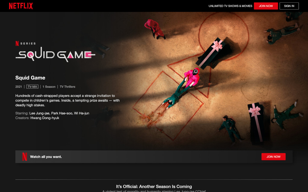 A Squid Game című sorozat a Netflix kínálatában.