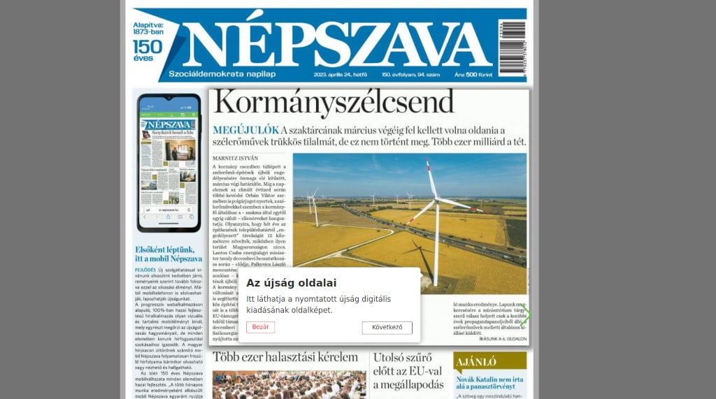 A mobil Népszava címlapi felülete