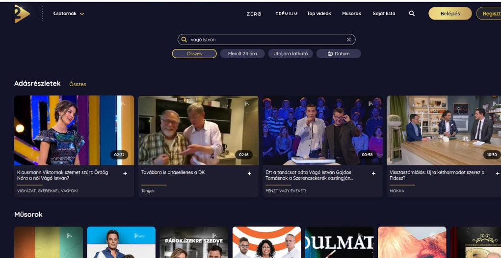 Vágó István nevére érkező találatok a TV2 weboldalán 2023.04.30-án 13:32-kor