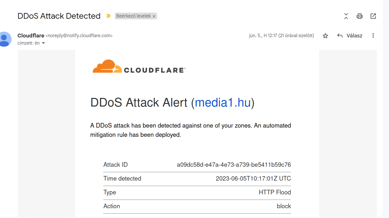 A DDoS-támadásokra figyelmeztető egyik Cloudflare-email.