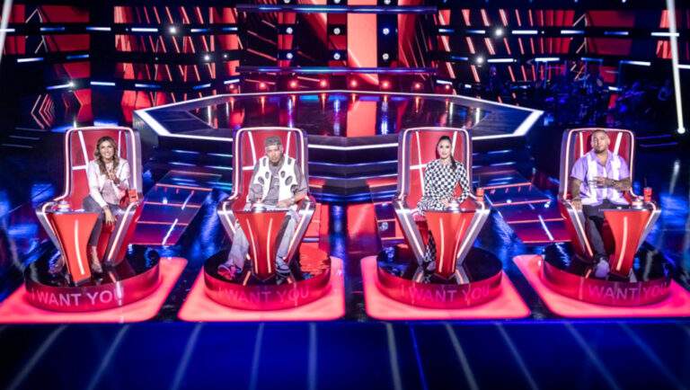 Miklósa Erika, Manuel, Trokán Nóra és Curtis a The Voice Magyarország stúdiójában.