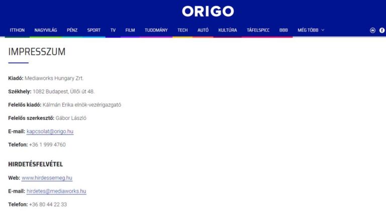 Az Origo impresszuma 2023. szeptember 10-én