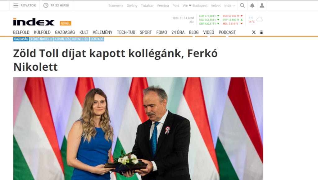 Az Index büszkén számolt be arról idén márciusban, hogy munkatársa, Ferkó Nikolett díjat kapott Nagy István agrárminisztertől