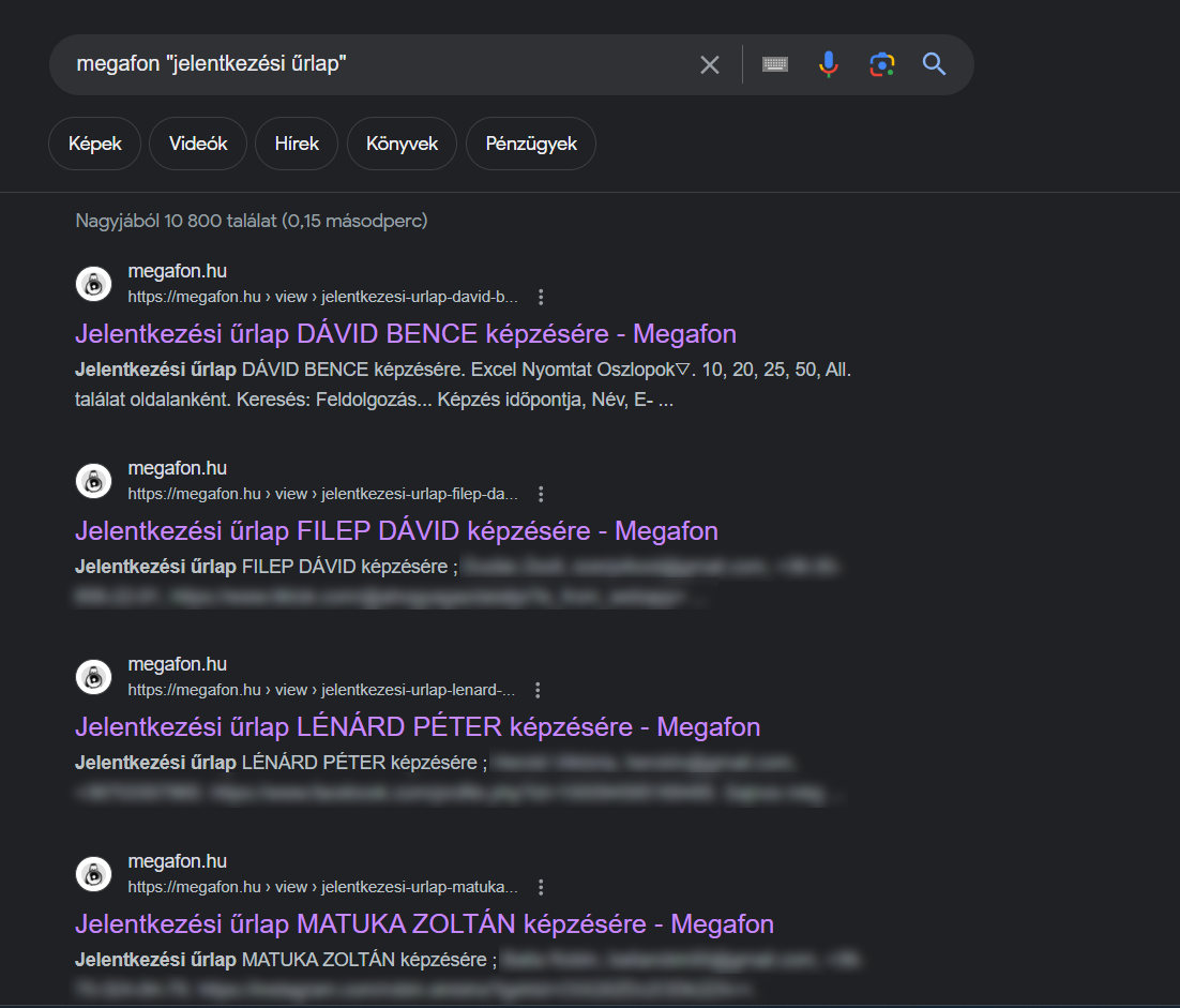 A Google keresőben egy egyszerű kereséssel voltak elérhetők a Megafon képzésére jelentkezők személyes adatai