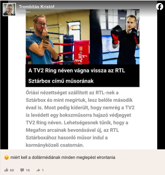 Trombitás Kristóf bejegyzésében arról, hogy elrontja a dollármédia a meglepetést