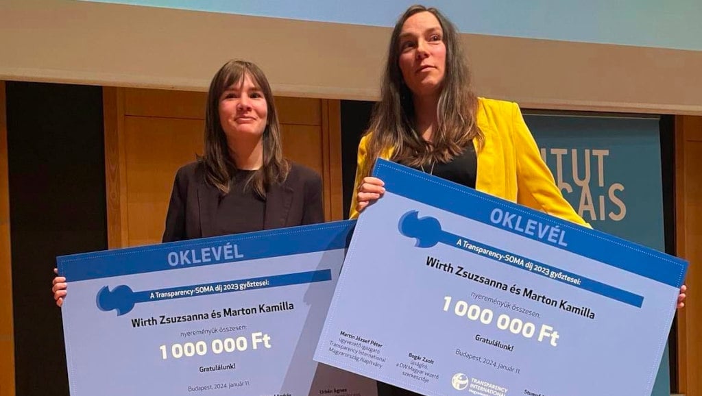 Marton Kamilla és Wirth Zsuzsanna, a Direkt36 újságírói átveszik a Transparency International Soma-díjat