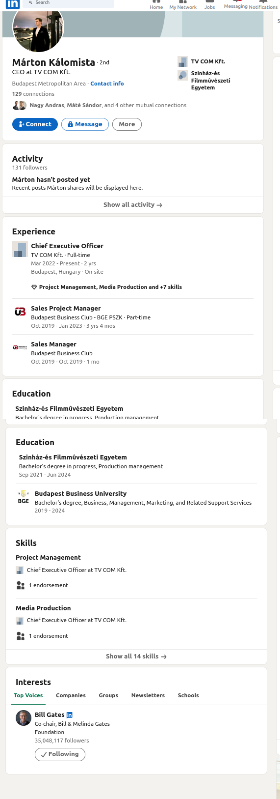 Kálomista Márton producer nyilvános profilja a LinkedInen