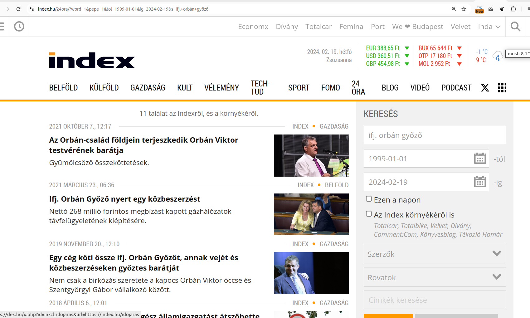 Keresési találatok ifj. Orbán Győző kifejezésre az Index oldalán 2024.02.19-én 12:49-kor