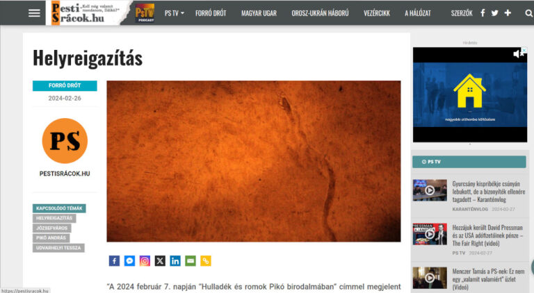 A PestiSrácok helyreigazítása 2024.02.26-án Udvarhelyi Tesszáról és Józsefváros Önkormányzatáról