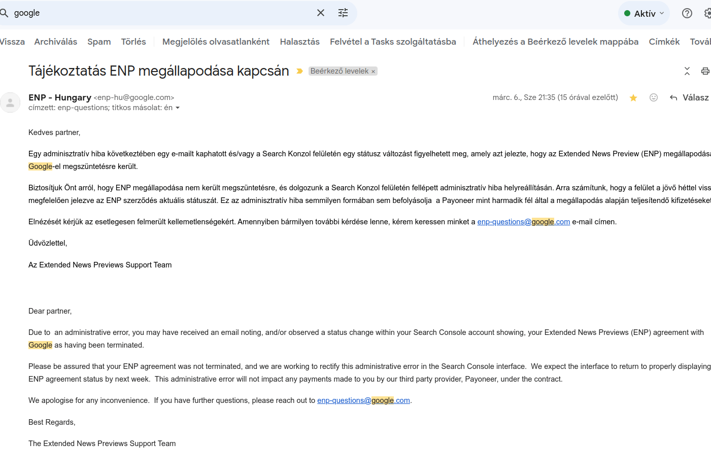 Google ENP: újra létrehozta a Google az órákkal korábban felbontott szerződést, pontosabban érvénytelennek tekinti az általa tett felmondást