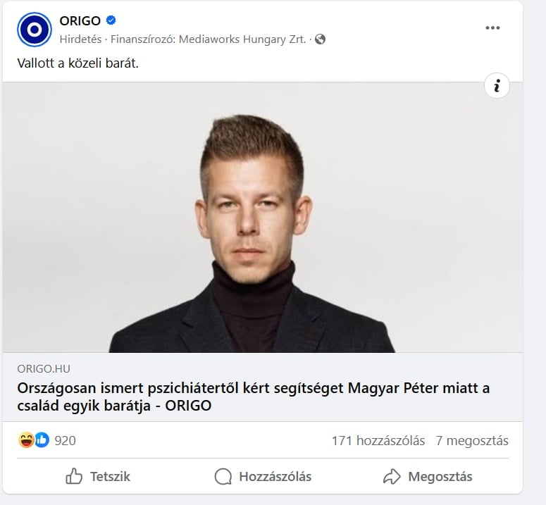 Képernyőkép: fizetett hirdetésben támadja Magyar Pétert a Facebookon a Mediaworks
