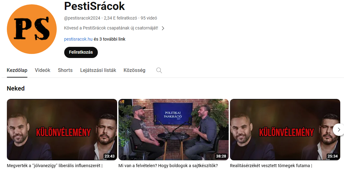 A @pestisracok2024 YouTube-oldal