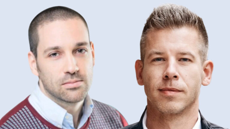 Balásy Gyula, a New Land és a Lounge Group tulajdonosa (balra) és Magyar Péter, az állami Diákhitel Zrt. volt vezérigazgatója, Varga Judit volt igazságügyi miniszter exférje, a Talpra Magyar alapítója (jobbra)